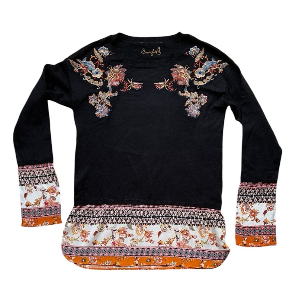 Desigual Women’s Black Floral Embroidered Mixed Print Sweater Size Small